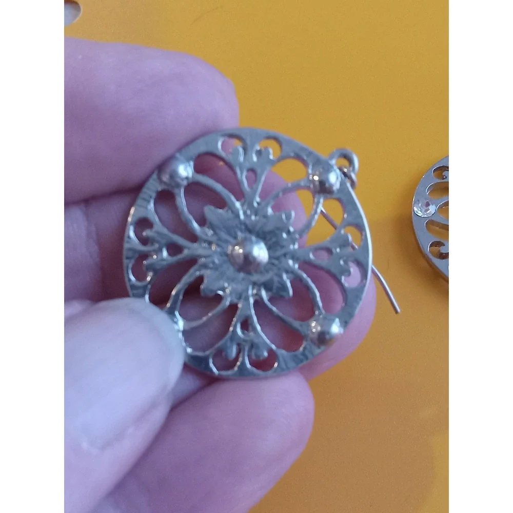 Silver Tone Filigree Mandala Drop Earrings Clear Crystal Accents Round Dangle